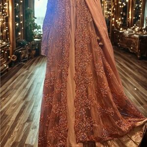 Elegant Pakistani Embroidered beaded  maxi gown in Copper